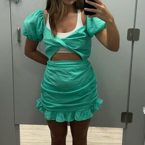 Green Puff Sleeve Cutout Dress